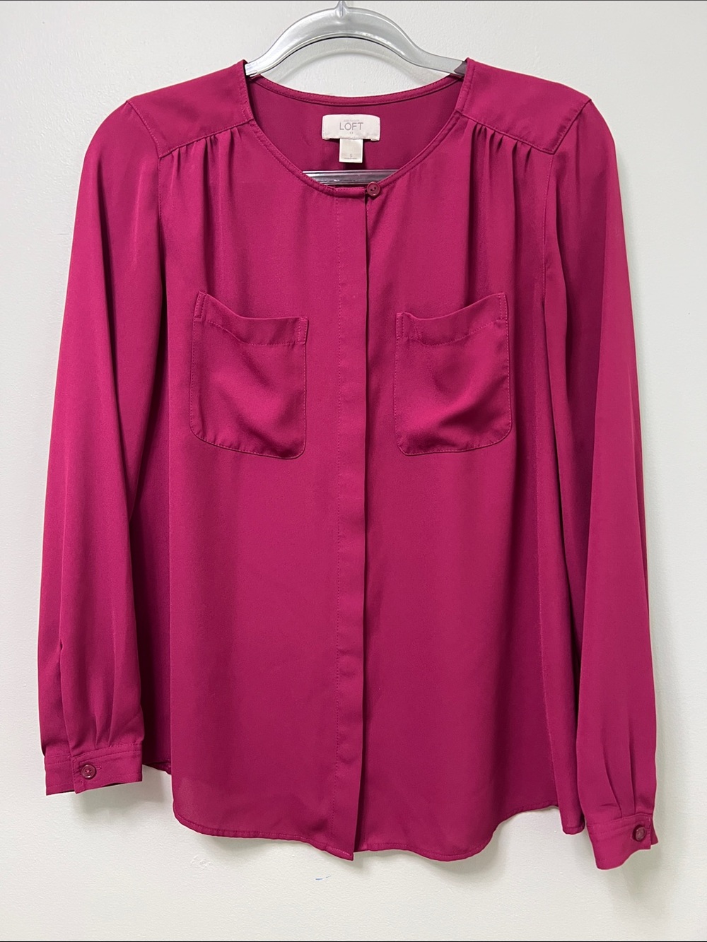 LOFT‎ Fuchsia Pink Long Sleeve Utility Pocket Blouse Size S